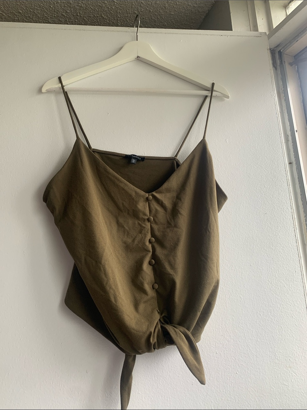 Dynamite Olive Green Faux-Button Tie-Front Spaghetti Strap Top Size Large